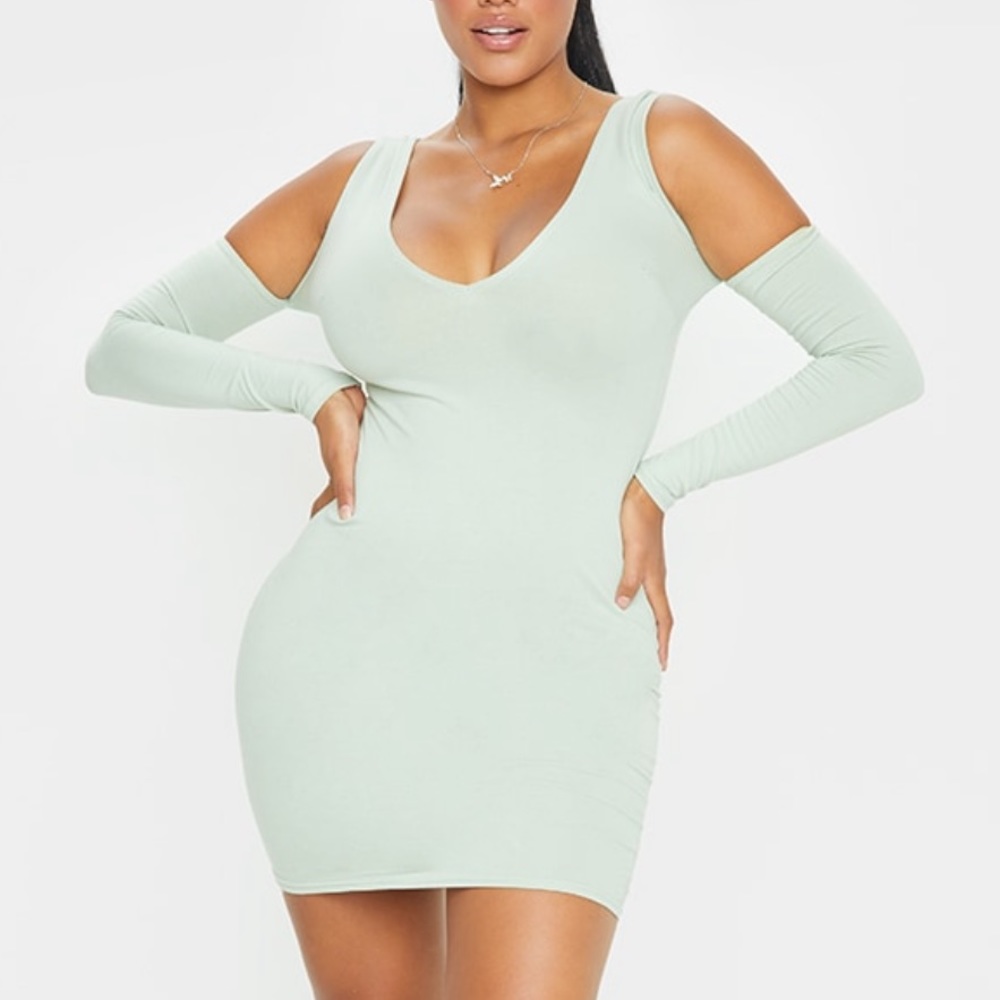 Shape Sage Green Cotton Plunge Cut Out Dress